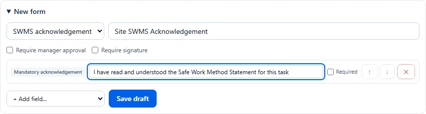FreeQR form builder showing a SWMS Acknowledgement form being created, with a mandatory acknowledgement field and its label filled in
