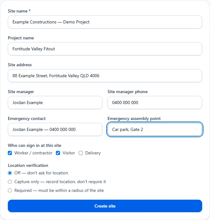 FreeQR construction site setup form with site name, project name, address, site manager and emergency contact fields filled in, plus checkboxes for who can sign in and location verification options