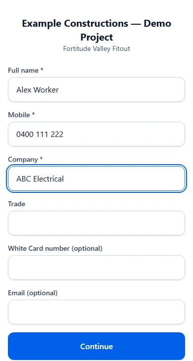 The public worker sign-in form on a phone screen, with full name, mobile, company, trade and White Card number fields