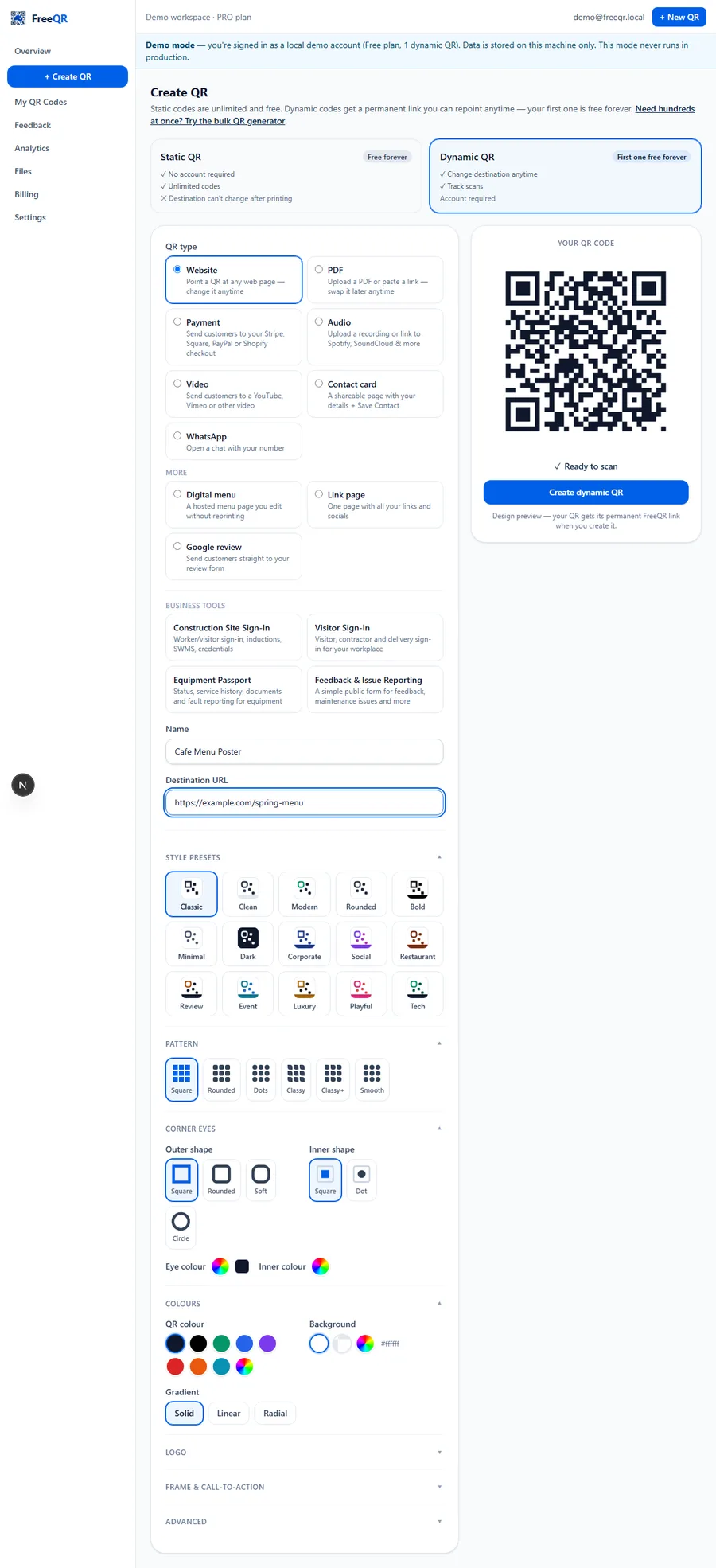 FreeQR Create QR form with Dynamic QR selected, name 'Cafe Menu Poster' and destination URL filled in