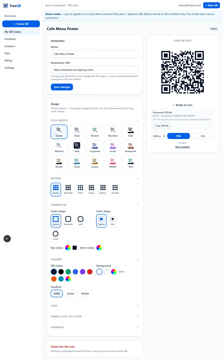 FreeQR QR detail page showing the destination field, the QR code image, its permanent link, and a scan counter