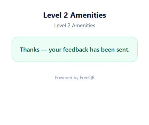 The FreeQR feedback confirmation screen reading 'Thanks — your feedback has been sent.'