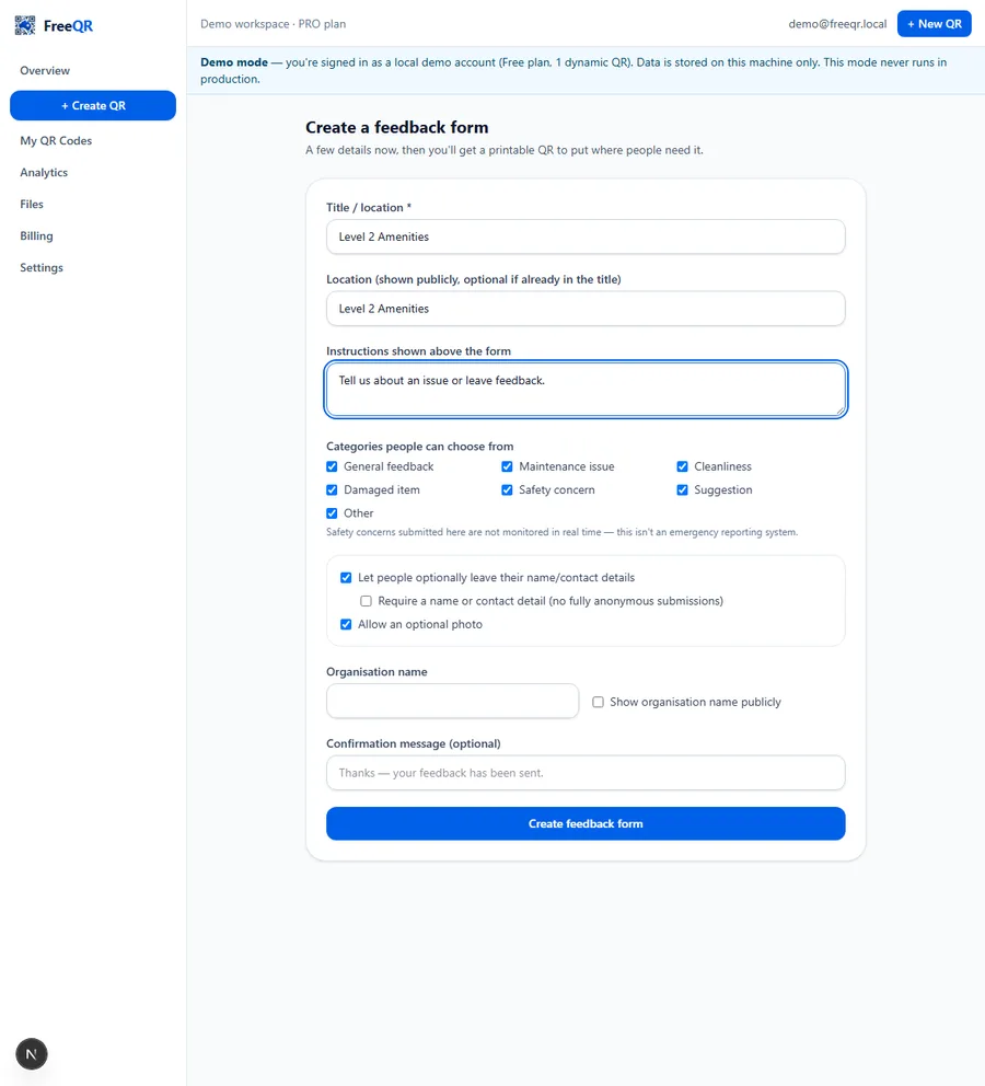 FreeQR Create feedback form filled in with title and location 'Level 2 Amenities', all default categories checked, and contact/photo options visible