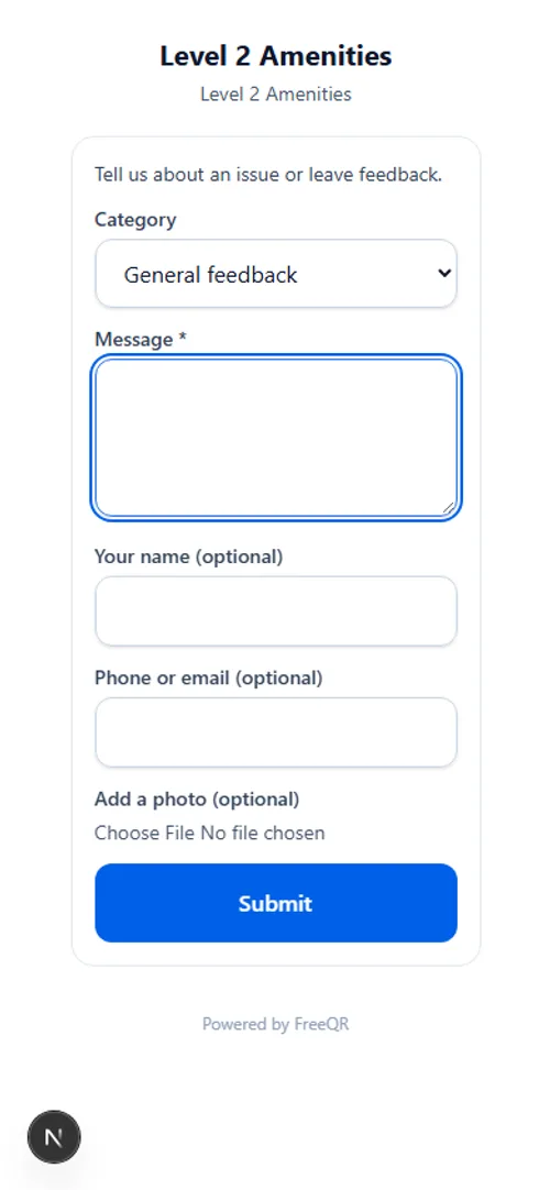The public FreeQR feedback form on a phone, showing a category dropdown, a message field, optional name and contact fields, and an optional photo upload