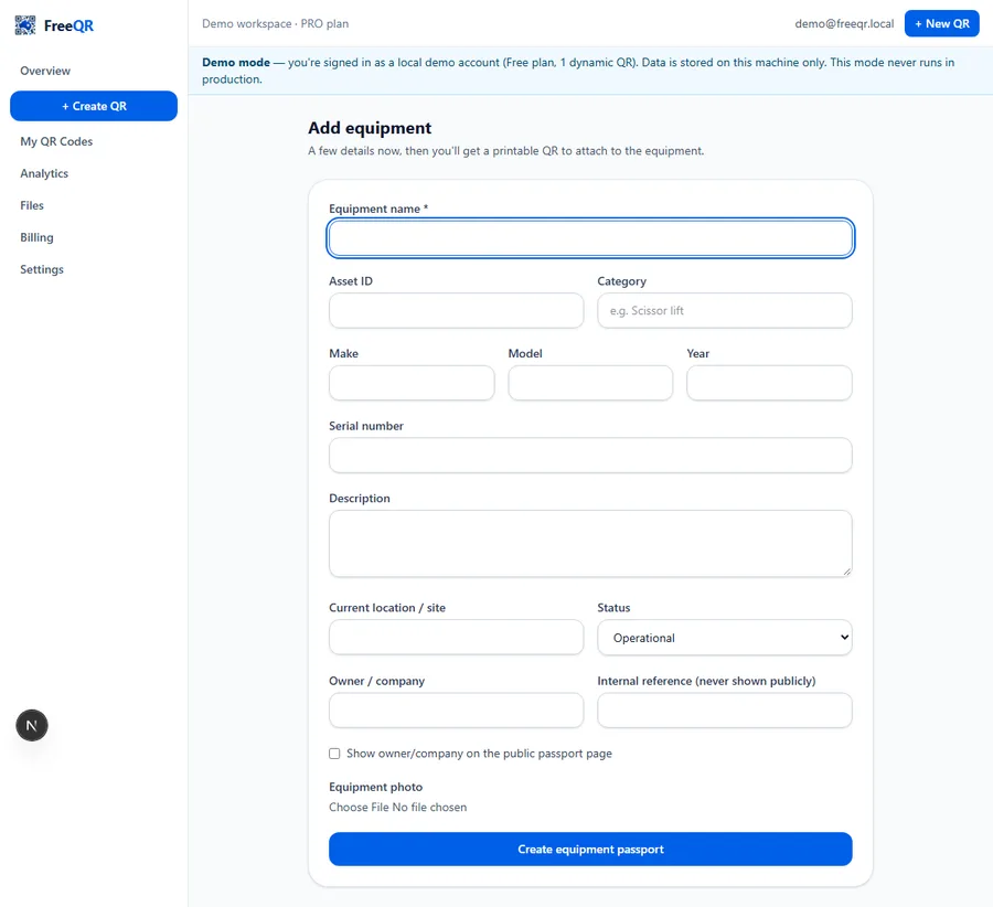 FreeQR Add equipment form filled in with fictional demo data: Seated Leg Press, asset ID LP-001, category Strength, make Demo Fitness, model LP-200