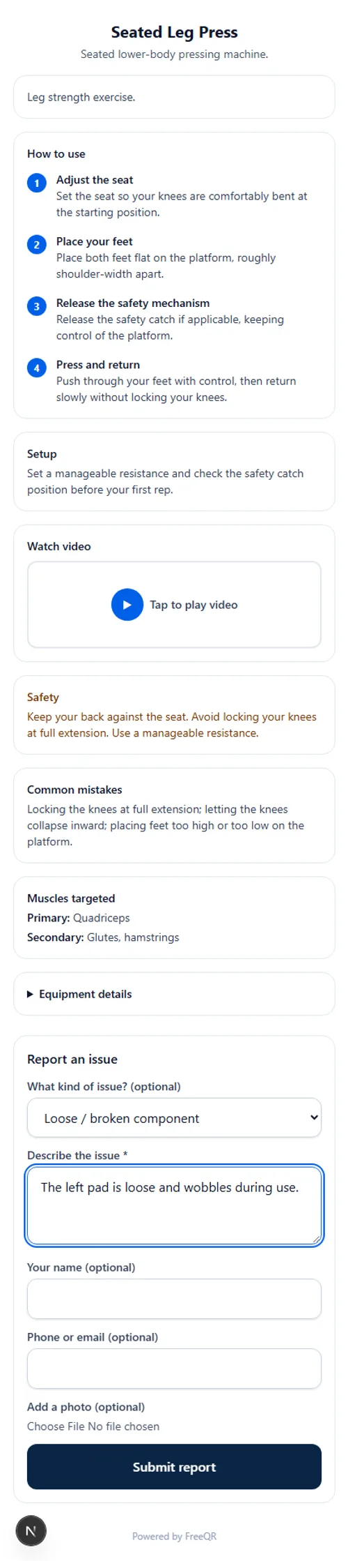 The fault report form on the public instructions page, with issue type set to Loose / broken component and a description filled in