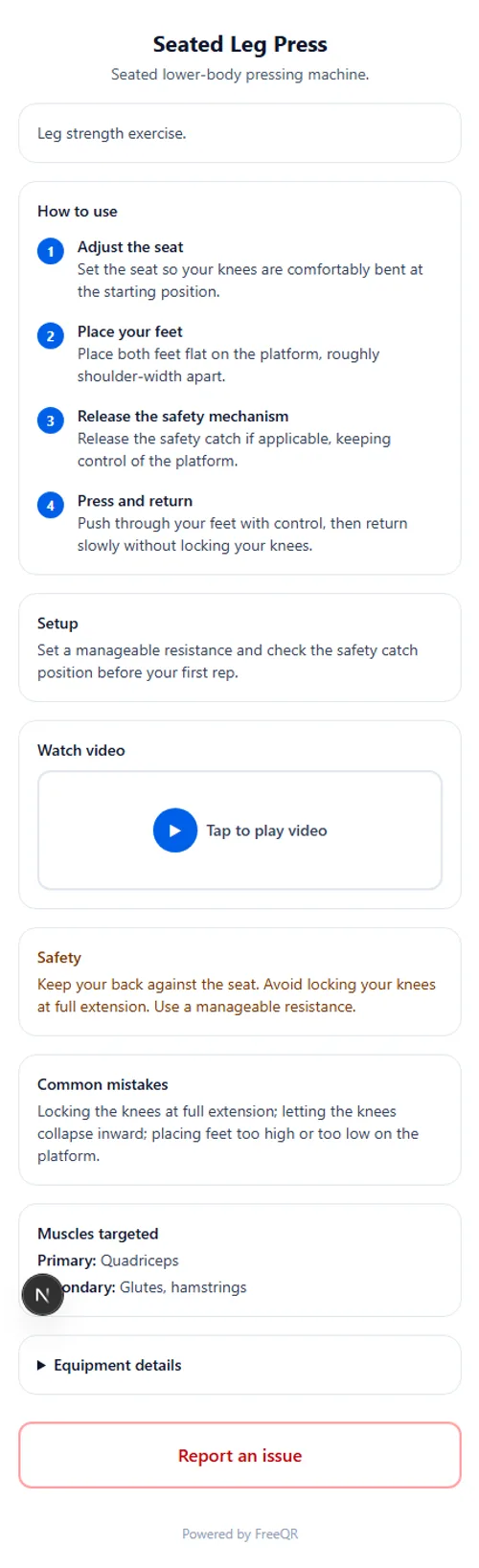 The public FreeQR instructions page for the Seated Leg Press on a phone, showing how-to-use steps, setup, a tap-to-play video, safety notes, common mistakes and muscles targeted