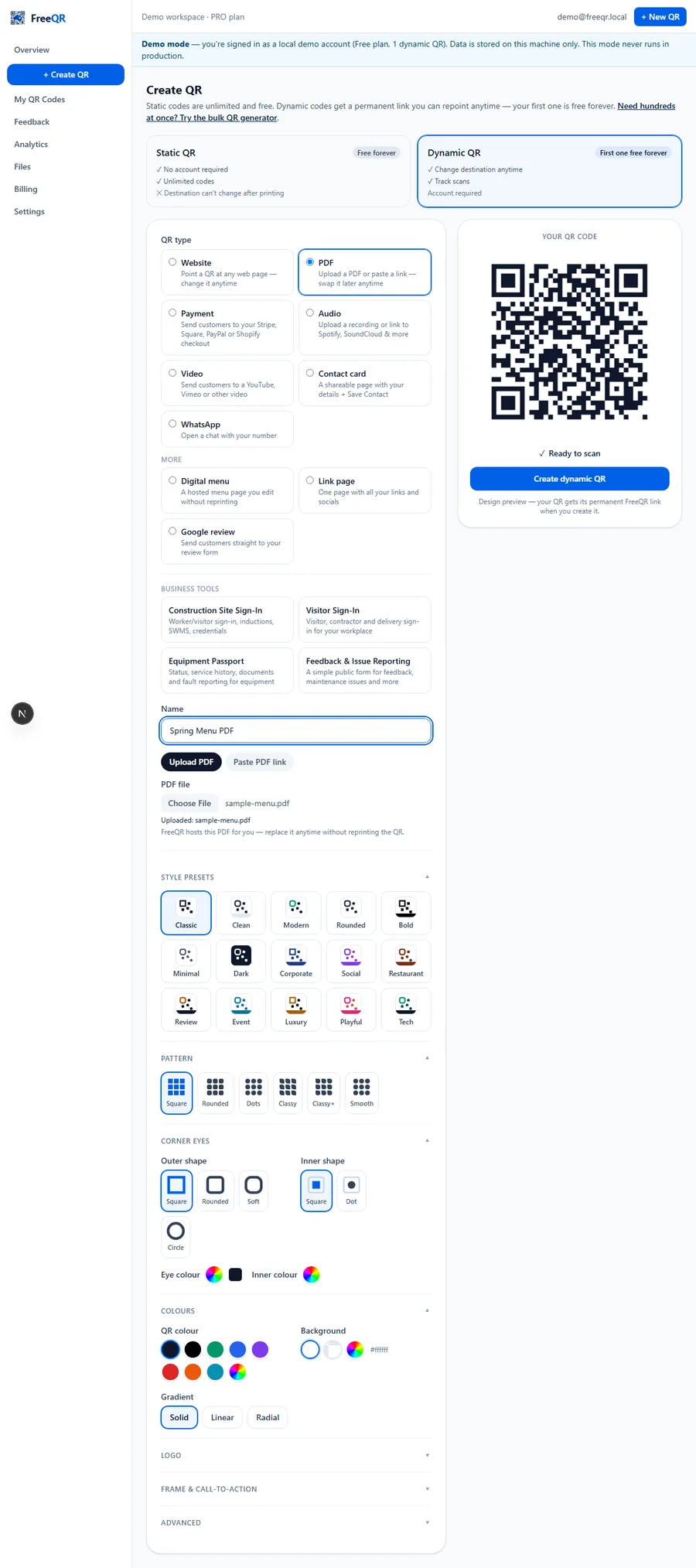 FreeQR Create QR form with PDF type and Upload PDF source selected, a sample PDF uploaded, and the generated QR code shown on the right