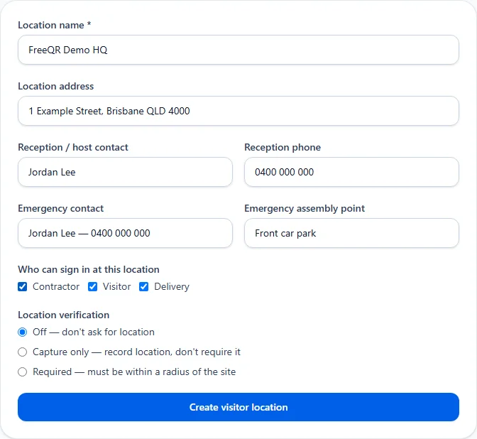 FreeQR Visitor Sign-In setup form filled in with a fictional location name, address, reception contact, emergency contact and who-can-sign-in options