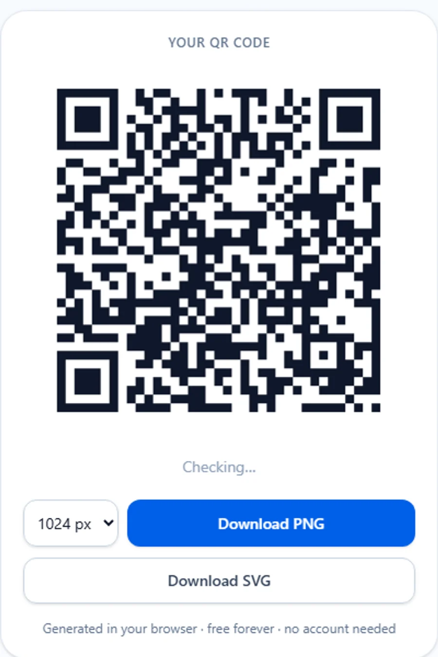 A completed Wi-Fi QR code in FreeQR with Download PNG and Download SVG buttons beneath it